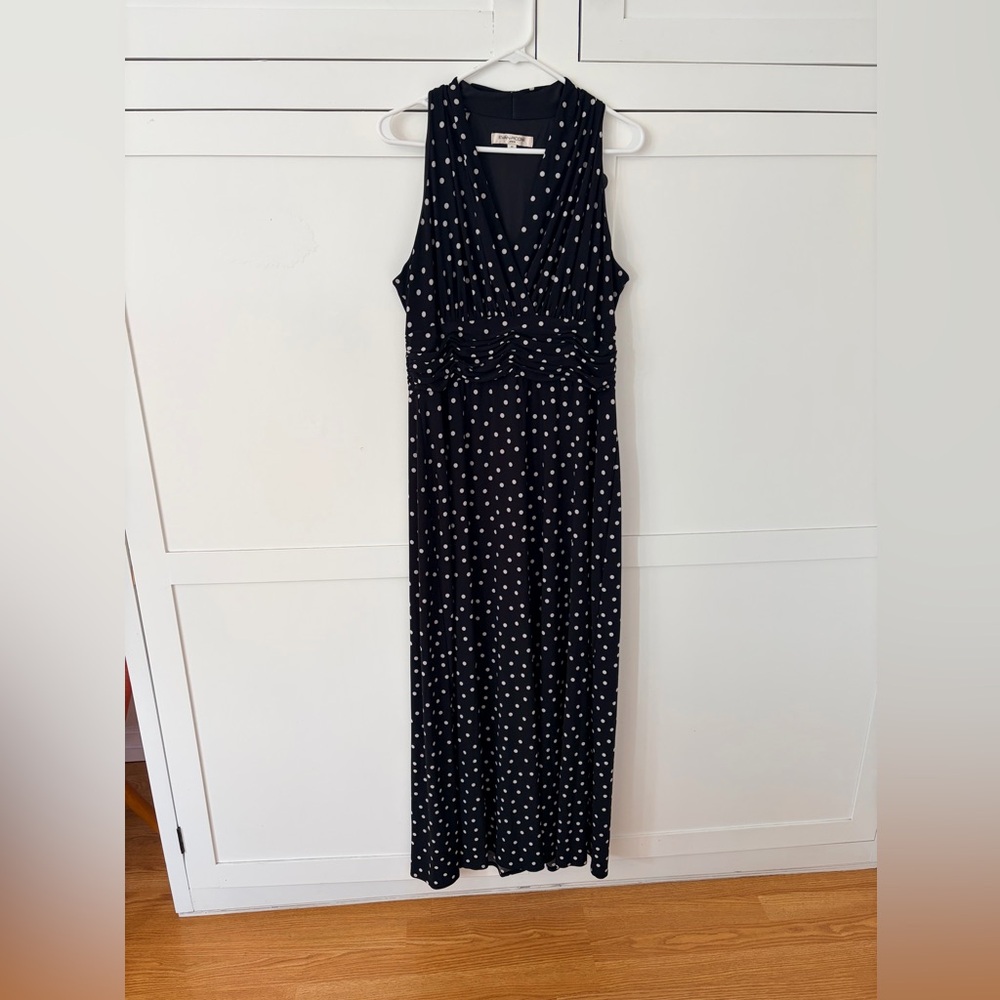 Evan-Picone Black Polka Dot V Neck Maxi Dress Size 14